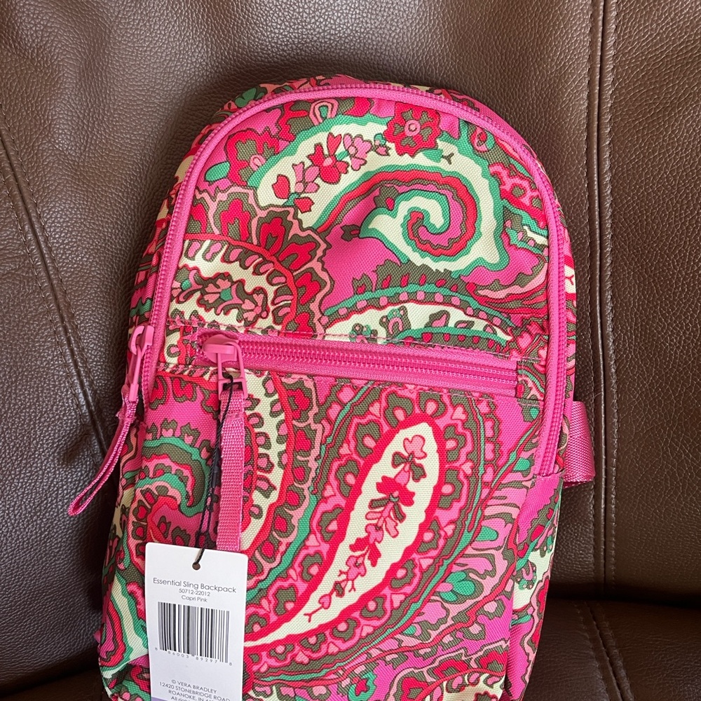 Vera Bradley Pink Paisley Sling Backpack with Green and Cream Accents